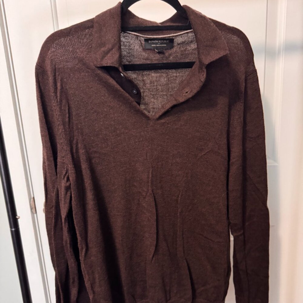 Banana Republic Merino Wool Long Sleeve Polo - dark brown